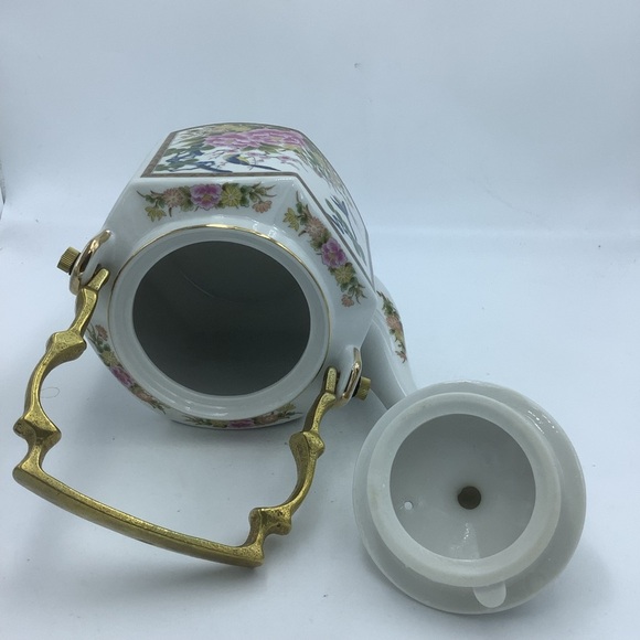 Homco Japan Asian Floral Six Sided Ceramic  Tea Pot with Metal Handle - Picture 6 of 9